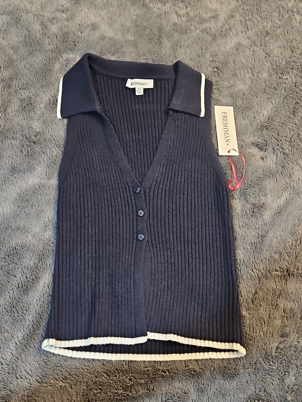 Freshman Navy Ribbed Sleeveless V‑Neck Sweater with White Trim